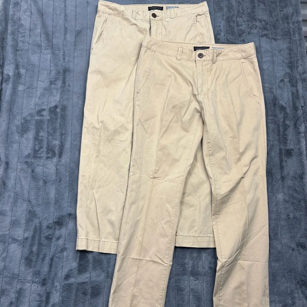 2 Aeropostale Mens Slim Straight Chino Pants Khaki Tan Cotton 33x30 10802